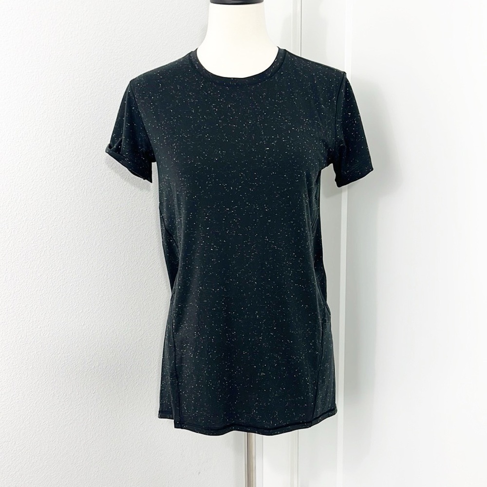 Lululemon Size 2 Black Speckled Part Ways Split Back Short Sleeve Active Top